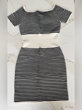 Angelo Tarlazzi Striped Black & White Midi Dress with Contrast Waist Sz 8 EUC